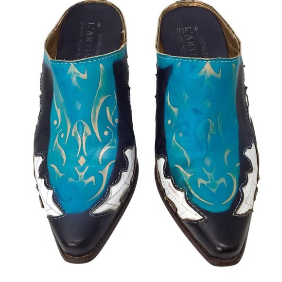 L'Artiste Spring Step Fun Mule Western Sz 37 6.5-7 Black Turquoise Hand Painted - Picture 4 of 12